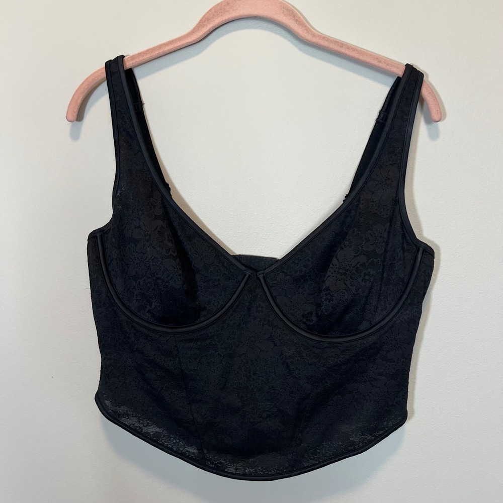 Victoria's Secret PINK Black Lace Corset Bra Top Underwire Floral XL